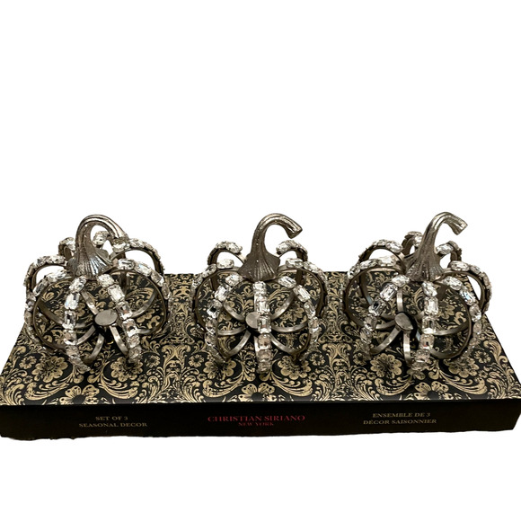 Christian Siriano Crystal Jeweled Metal Pumpkins Set of 3 Halloween Glam Silver - Picture 5 of 13